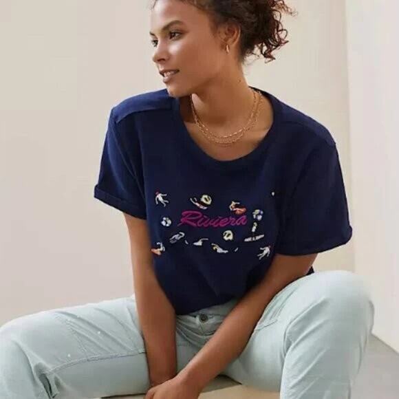Anthropologie Maeve Riviera Navy Blue Water Sports Embroidered Tee Top Small - Picture 1 of 7